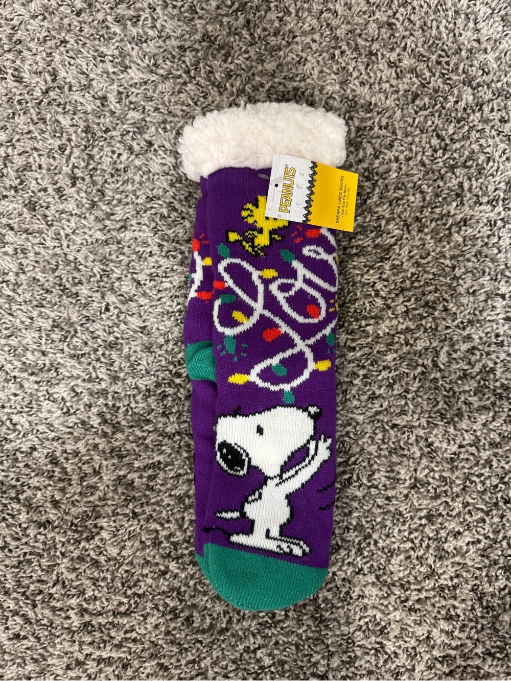 Peanuts Purple Snoopy Fuzzy-Lined Socks with Green Toe